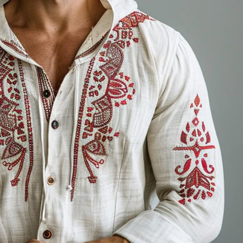 Men's Vintage Embroidered Long Sleeve Hooded Shirt MTA1945C2P