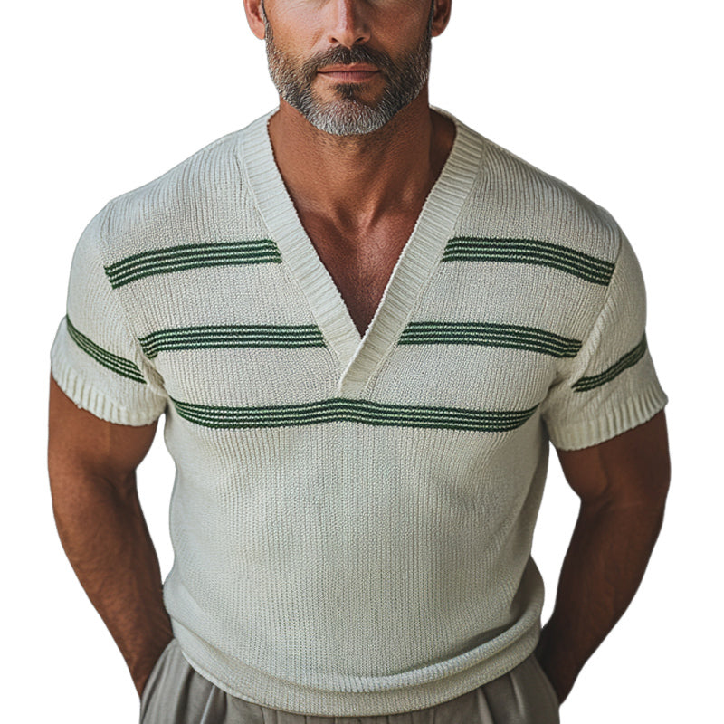 Men's Retro V-neck Knitted Short Sleeve T-shirt MTA1988C1U