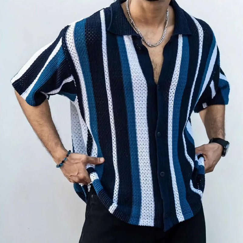 Men's Vertical Stripe Knitted Casual Loose Short Sleeve Shirt MTA1916C9U