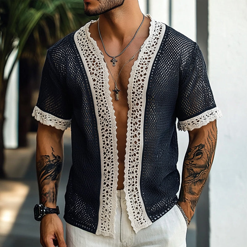 Men's Knitted Patchwork Lace Short Sleeve Cardigan MTA1846C9X