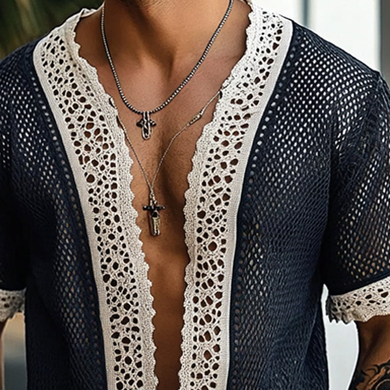 Men's Knitted Patchwork Lace Short Sleeve Cardigan MTA1846C9X