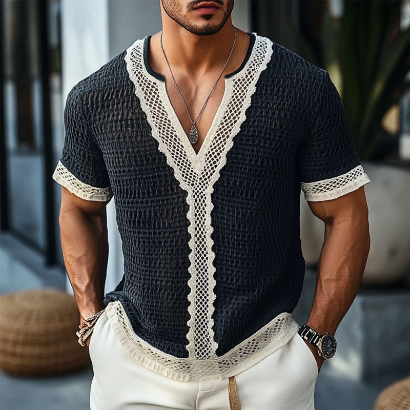 Men's Casual Spliced Lace V-Neck Short Sleeve T-Shirt MTA1861C5X