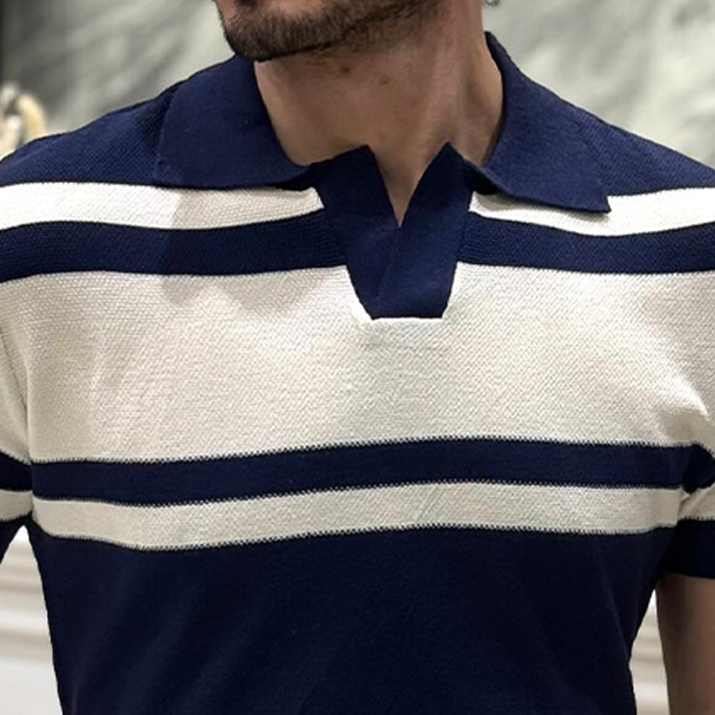 Men's Knitted Lapel Striped Short Sleeve POLO Shirt MTA1928C4X