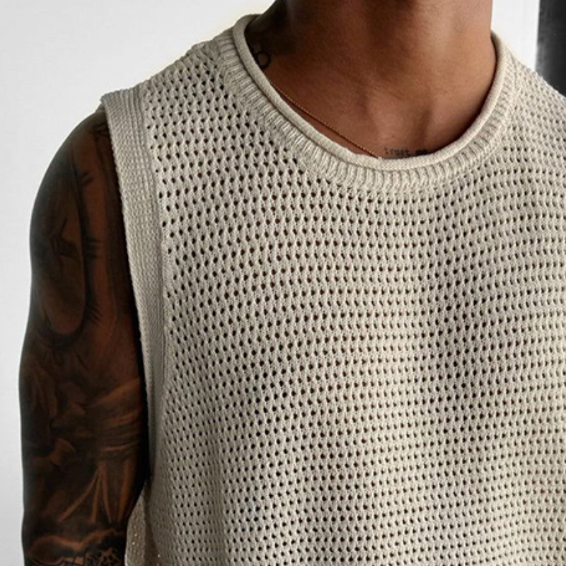 Men's Retro Casual Hollow Refreshing Round Neck Knitted Tank Top MTA1901C5TO