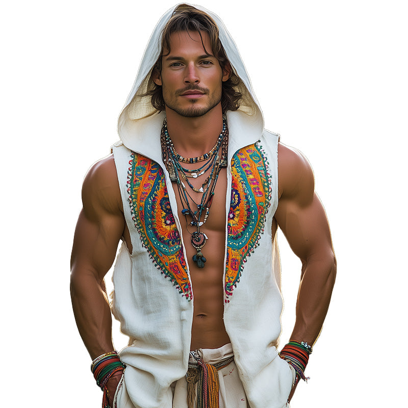 Men's Ethnic Style Embroidered Hooded Tank Top MTA1918C2P