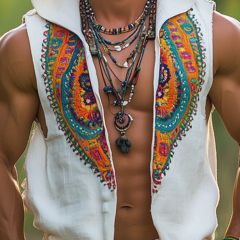 Men's Ethnic Style Embroidered Hooded Tank Top MTA1918C2P