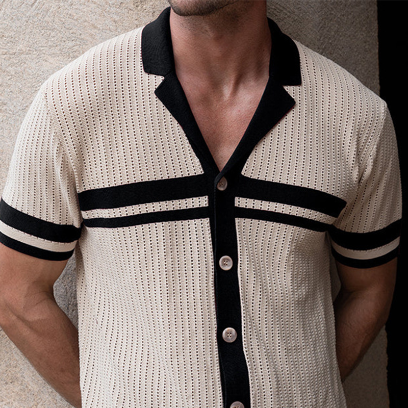 Men's Spring and Summer Casual Contrast Color Stitching Knitted Short Sleeve Shirt MTA1902C0K