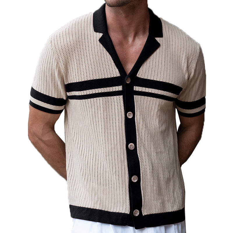 Men's Spring and Summer Casual Contrast Color Stitching Knitted Short Sleeve Shirt MTA1902C0K