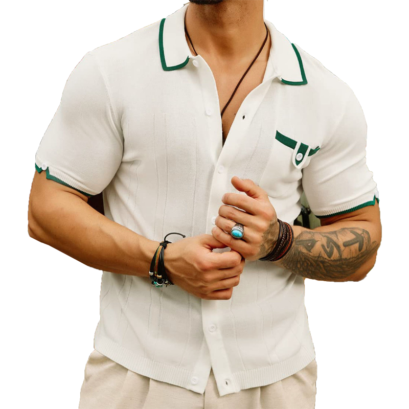 Men's Casual Contrast Stitching Knitted Slim Fit Short Sleeve Shirt MTA1961C6K