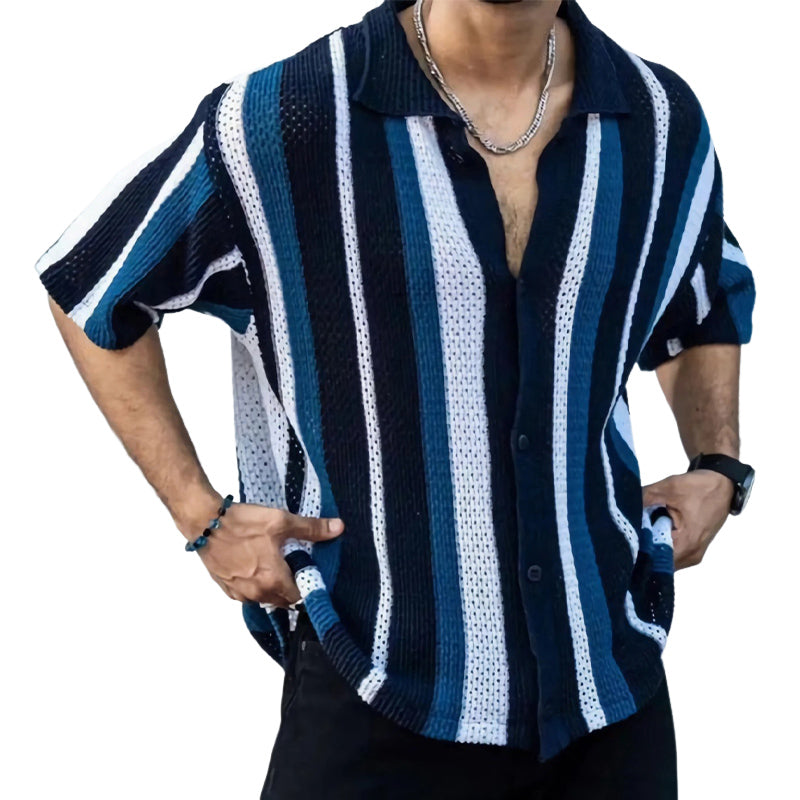 Men's Vertical Stripe Knitted Casual Loose Short Sleeve Shirt MTA1916C9U