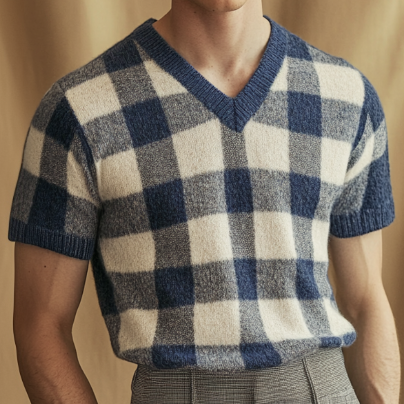 Men's Casual Plaid V-neck Slim Fit Knitted Short Sleeve Sweater T-Shirt MTA1825C8M