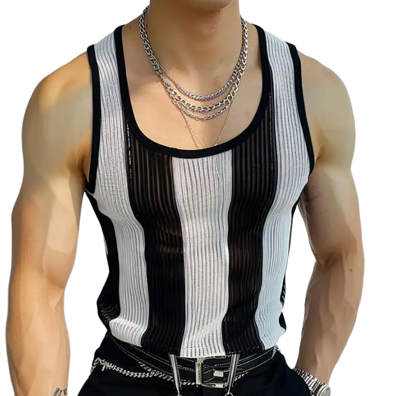 Men's Casual Contrast Striped U-Neck Slim Fit Knit Tank Top MTA1819C8M