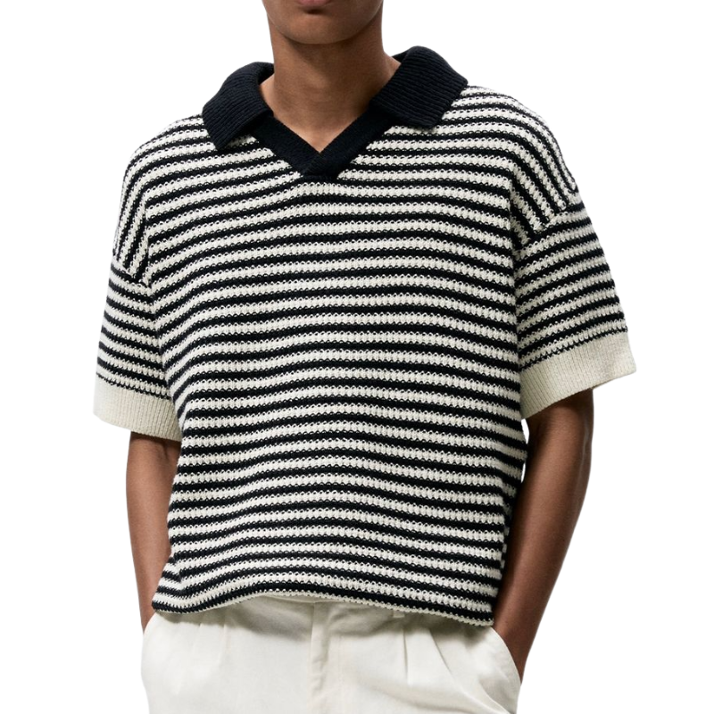 Men's Casual Contrast Color Striped Jacquard Lapel Loose Knitted Short Sleeve Sweater T-Shirt MTA1871C4M