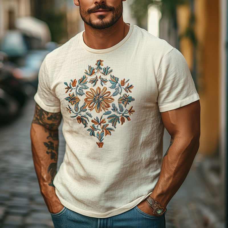 Men's Casual Skin-Friendly Cotton And Linen Embroidered T-Shirt MTA2072C5U