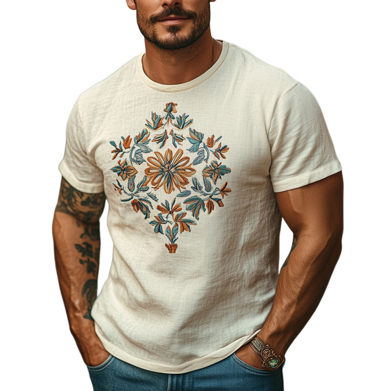 Men's Casual Skin-Friendly Cotton And Linen Embroidered T-Shirt MTA2072C5U