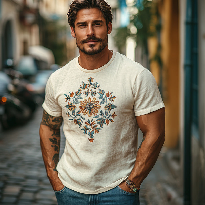 Men's Casual Skin-Friendly Cotton And Linen Embroidered T-Shirt MTA2072C5U