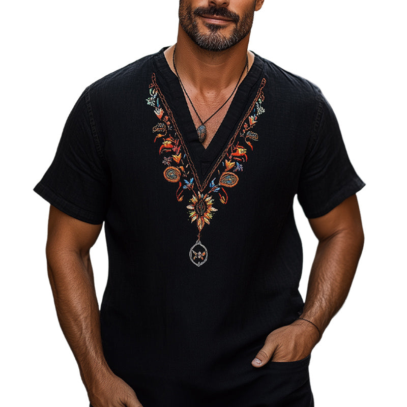 Men's Casual V-neck Cotton and Linen Embroidered T-shirt MTA2002C8U