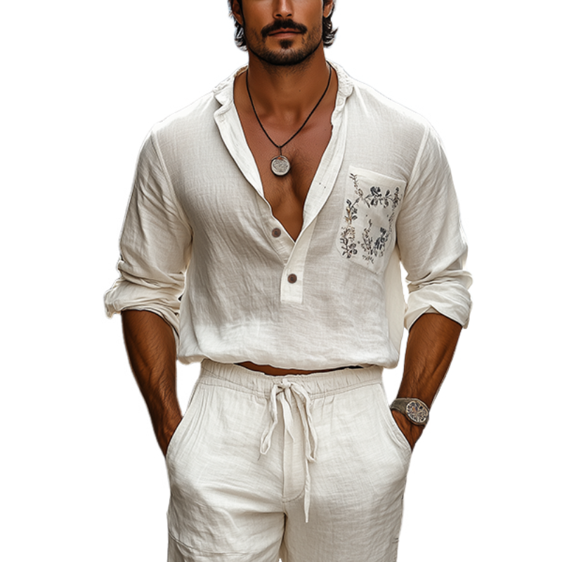 Men's Spring and Summer Casual Deep V-Neck Cotton and Linen Embroidered Long Sleeve Shirt MTA2057C8K