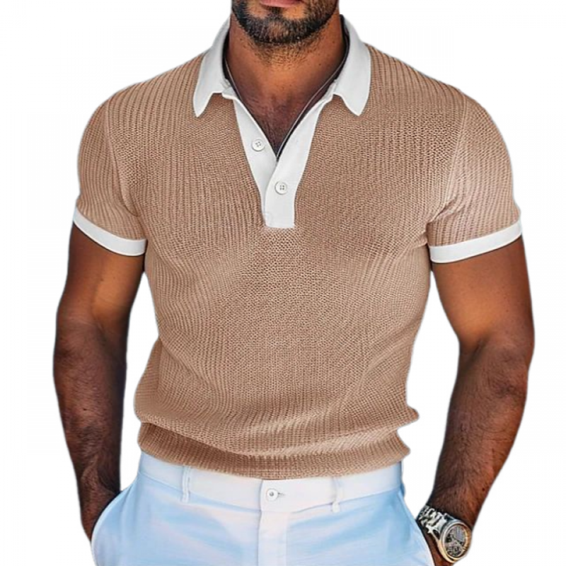 Men's Casual Contrast Lapel Slim Fit Knitted Short Sleeve Sweater T-Shirt MTA1837C4M