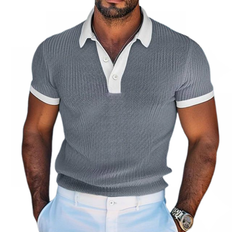 Men's Casual Contrast Lapel Slim Fit Knitted Short Sleeve Sweater T-Shirt MTA1837C4M