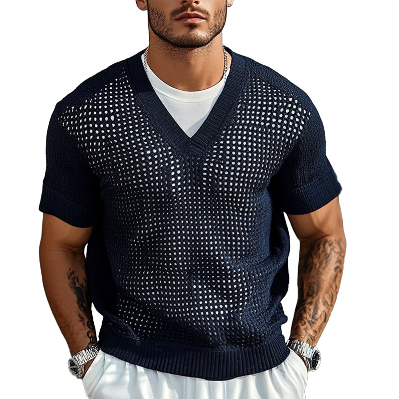 Men's Solid Color Knitted V-Neck Short Sleeve Sweater  T-Shirt MTA1899C8X