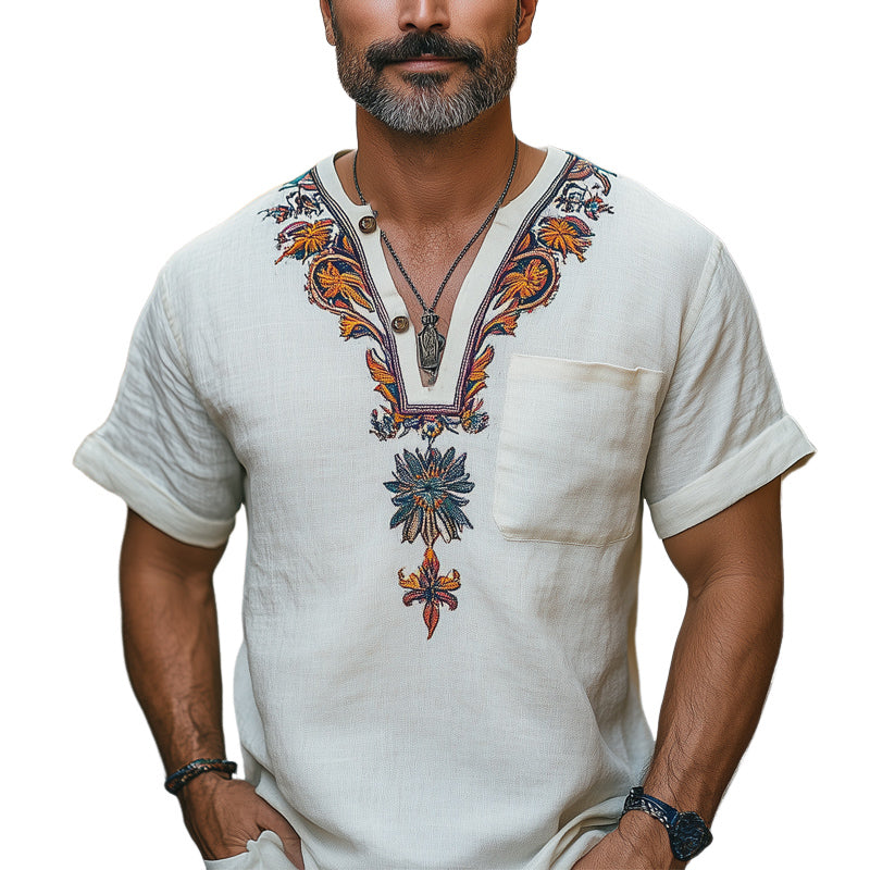 Men's Casual V-neck Cotton and Linen Embroidered T-shirt MTA2093C0U