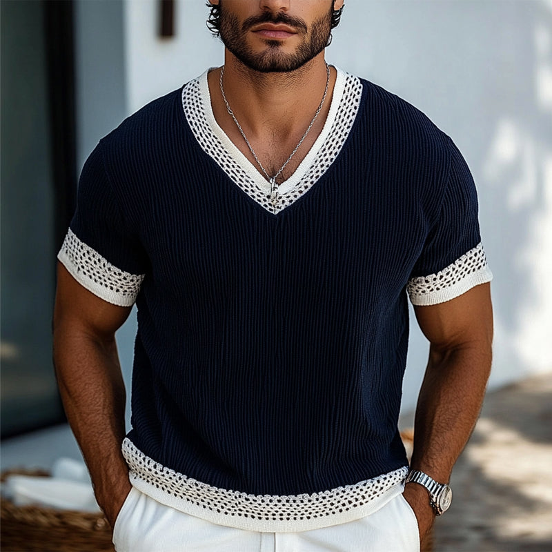 Men's Contrast Knit V-Neck Short Sleeve Sweater MTA1853C1X