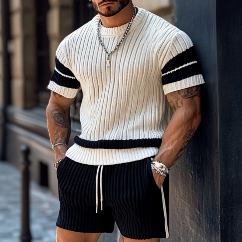 Men's Casual Contrast Color Round Neck Loose Short Sleeve Sweater Elastic Waist Shorts Set MTA1990C2M