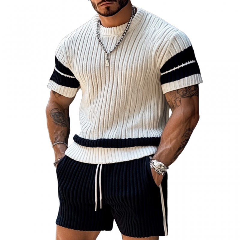 Men's Casual Contrast Color Round Neck Loose Short Sleeve Sweater Elastic Waist Shorts Set MTA1990C2M