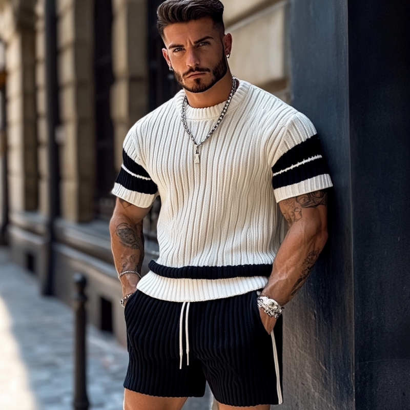 Men's Casual Contrast Color Round Neck Loose Short Sleeve Sweater Elastic Waist Shorts Set MTA1990C2M