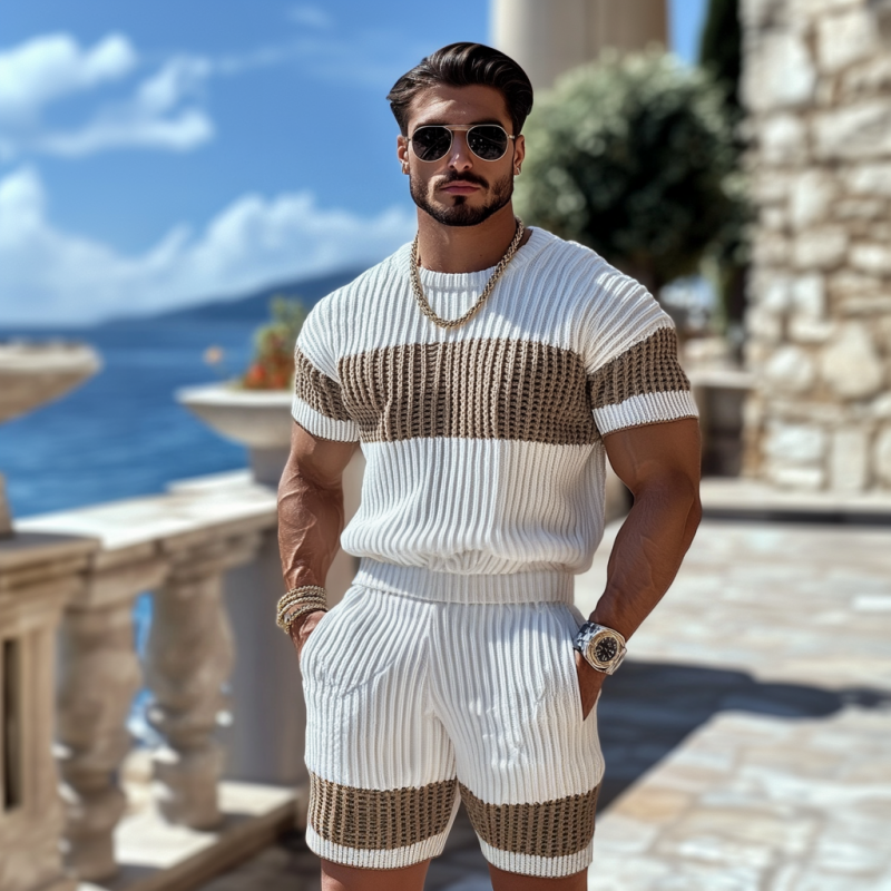 Men's Casual Contrast Color Round Neck Loose Short Sleeve Sweater Elastic Waist Shorts Set MTA1976C7M