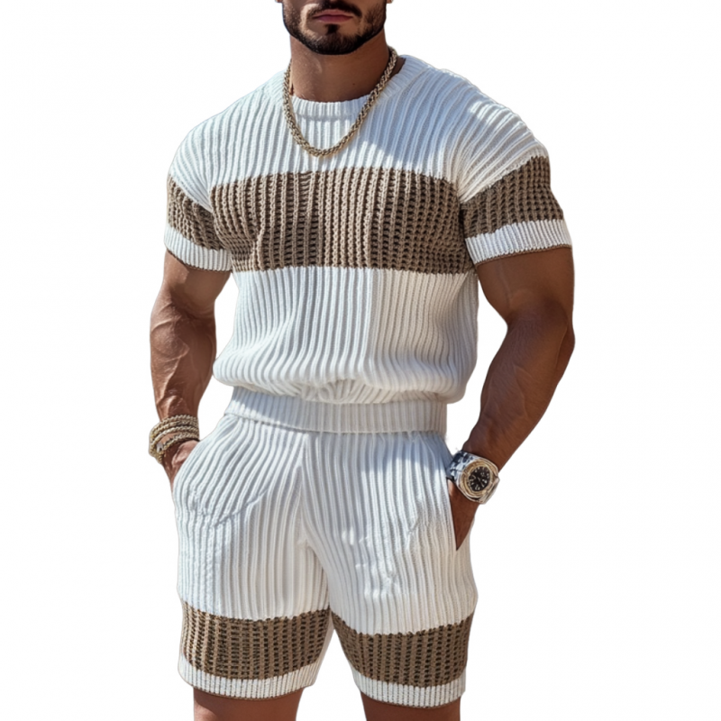 Men's Casual Contrast Color Round Neck Loose Short Sleeve Sweater Elastic Waist Shorts Set MTA1976C7M