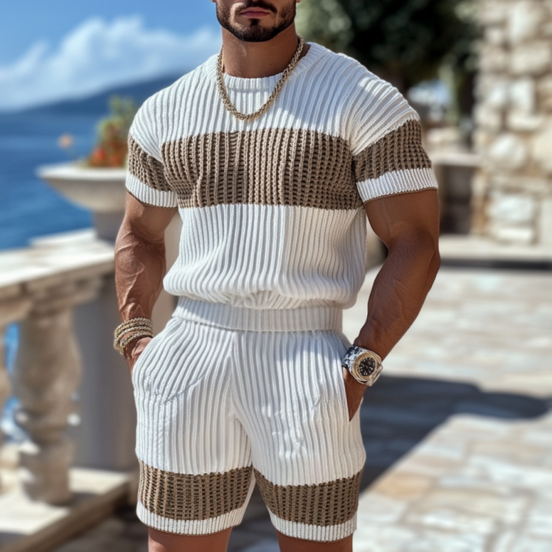 Men's Casual Contrast Color Round Neck Loose Short Sleeve Sweater Elastic Waist Shorts Set MTA1976C7M