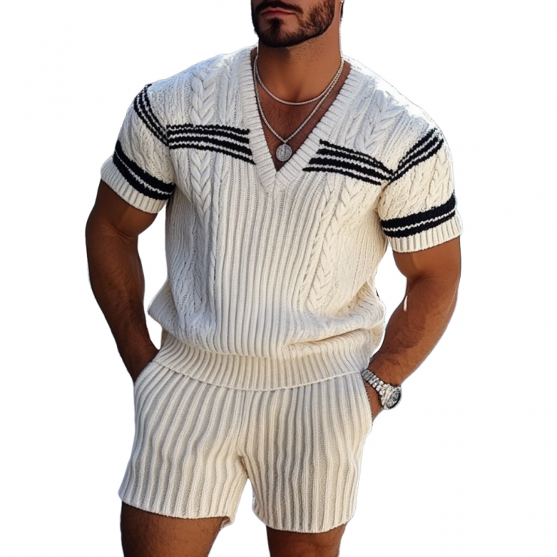 Men's Retro Contrast Jacquard V-neck Loose Short Sleeve Sweater Elastic Waist Shorts Set MTA1909C4M