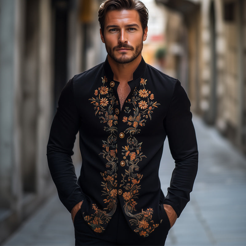 Men's Spring and Autumn Retro Embroidered Stand Collar Long Sleeve Shirt MTA2075C7U