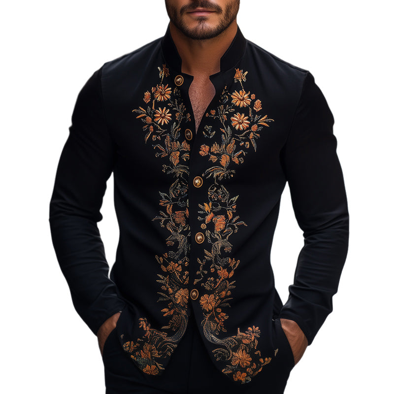 Men's Spring and Autumn Retro Embroidered Stand Collar Long Sleeve Shirt MTA2075C7U