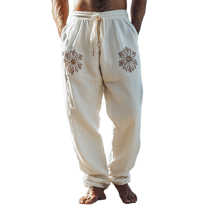 Men's Spring and Summer Fashionable Loose Cotton and Linen Embroidered Casual Pants MTA2087C1K