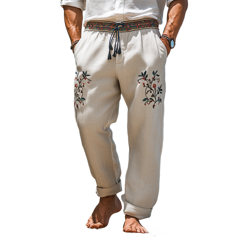 Men's Spring and Summer Vacation Style Loose Cotton and Linen Embroidered Casual Pants MTA2018C8K