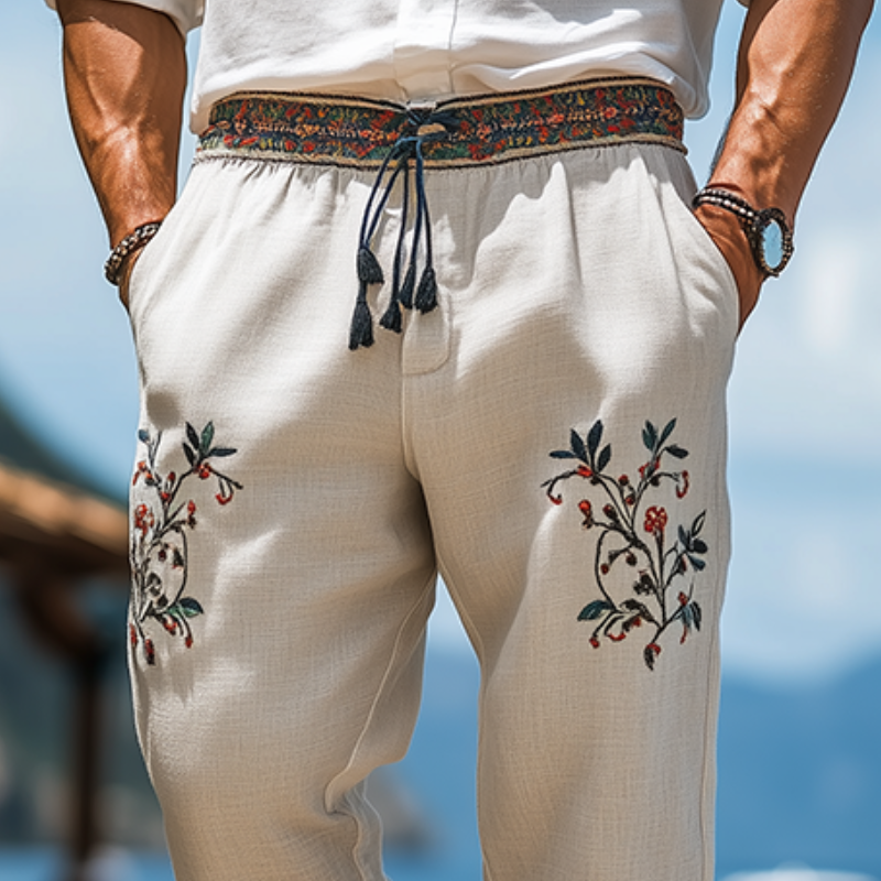 Men's Spring and Summer Vacation Style Loose Cotton and Linen Embroidered Casual Pants MTA2018C8K