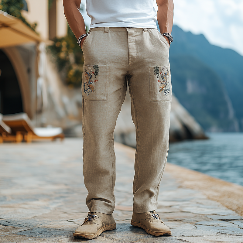 Men's Spring and Summer Retro Personalized Cotton and Linen Embroidered Casual Pants MTA2010C2K