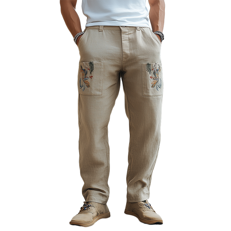 Men's Spring and Summer Retro Personalized Cotton and Linen Embroidered Casual Pants MTA2010C2K