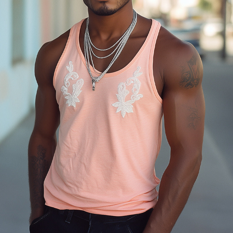 Men's Summer Casual Round Neck Pink Embroidered Tank Top MTA2167C7U