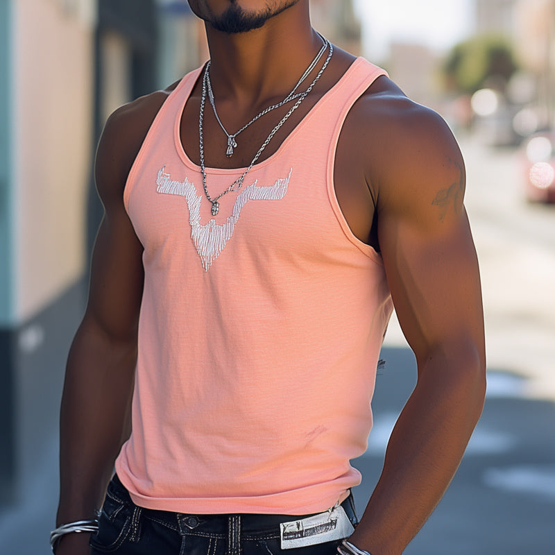 Men's Summer Casual Round Neck Pink Embroidered Tank Top MTA2112C2U