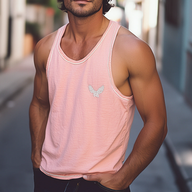 Men's Summer Casual Round Neck Pink Embroidered Tank Top MTA2121C3U