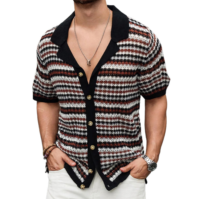 Men's Retro Colorblock Striped Knit Short Sleeve Shirt MTA2144C9U