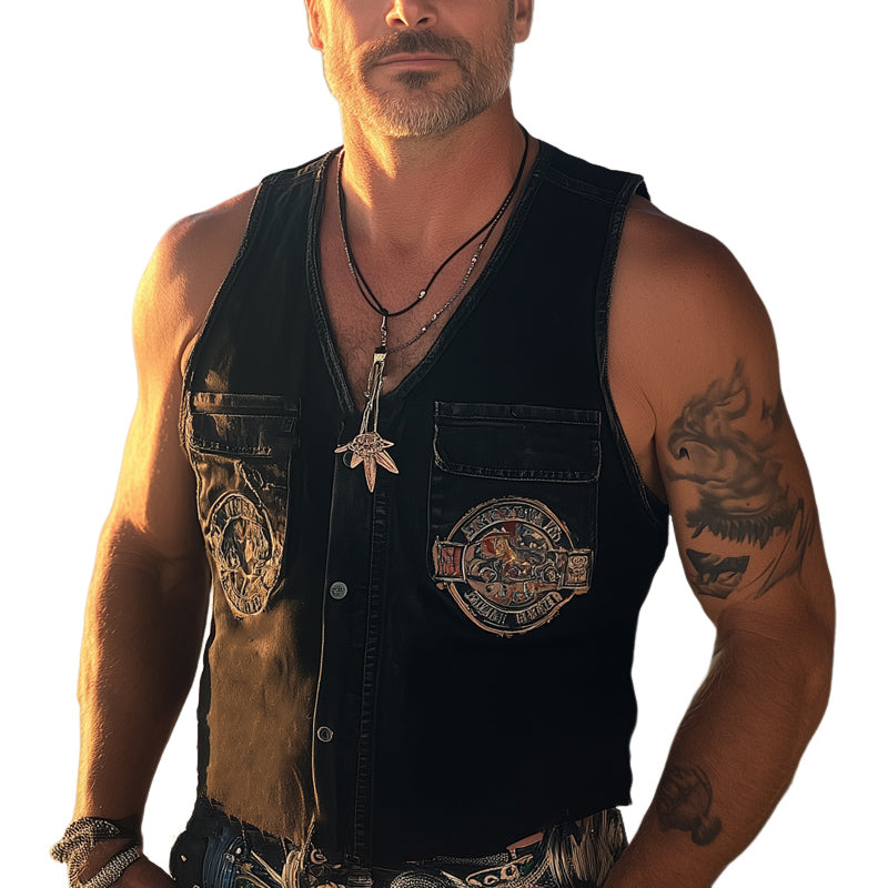 Men's Summer Retro Washed Distressed Denim Embroidered Vest MTA2035C3U