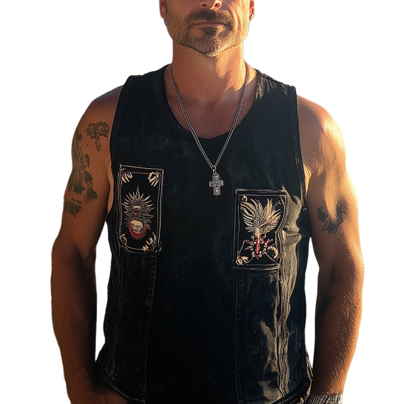 Men's Summer Retro Washed Distressed Denim Embroidered Tank Top MTA2084C7U