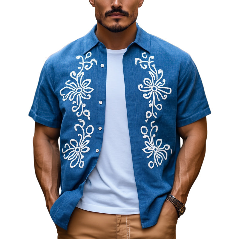 Men's Casual Cotton Vintage Embroidered Short Sleeve Shirt MTA2100C8U