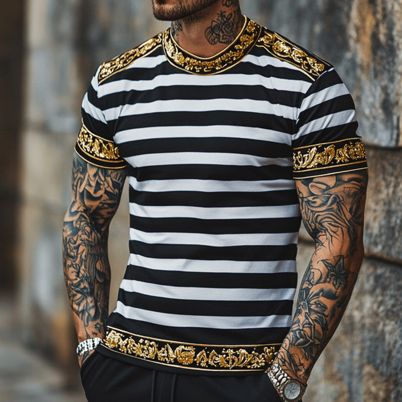 Men's Retro Casual Baroque Printed Round Neck Short Sleeve T-Shirt  MTA2152C1TO