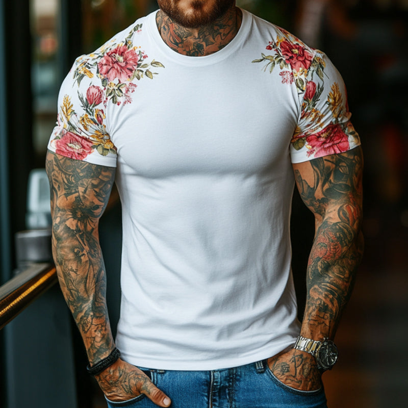 Men's Retro Casual Floral Print Round Neck Short Sleeve T-Shirt MTA2188C6TO